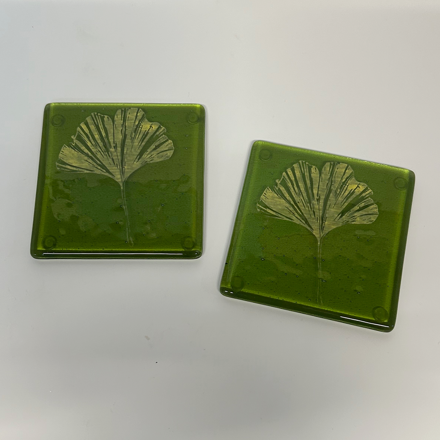 Gingko Leaves Fused Glass 4" Coaster 2-pack