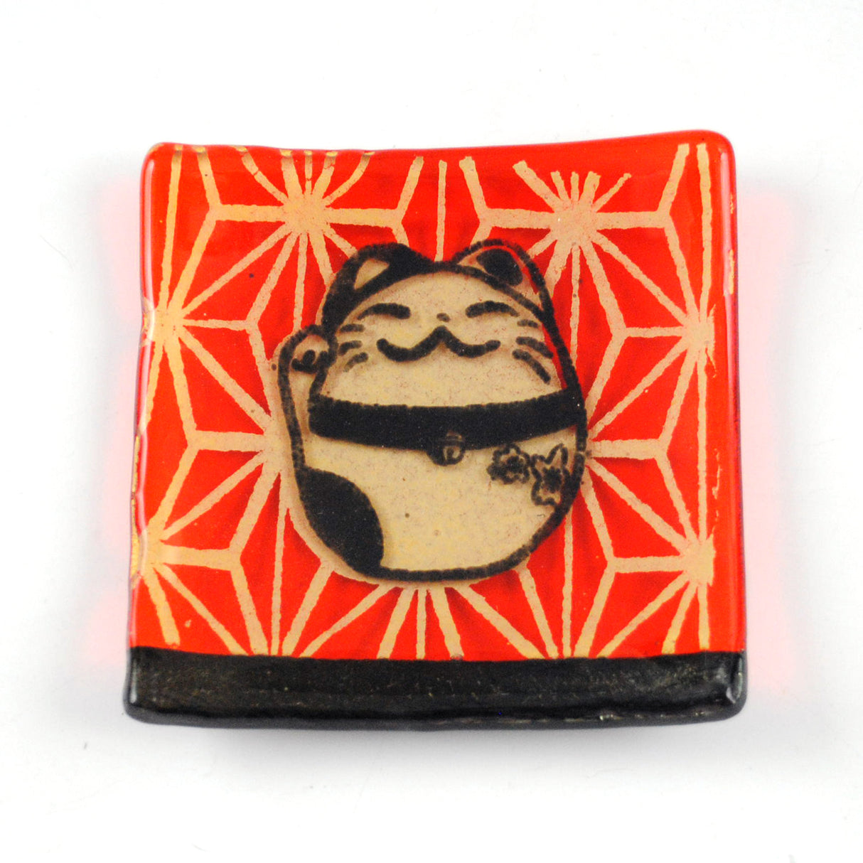 Maneki Neko Lucky Cat 4.5" Handmade Fused Glass Catch-all Dish