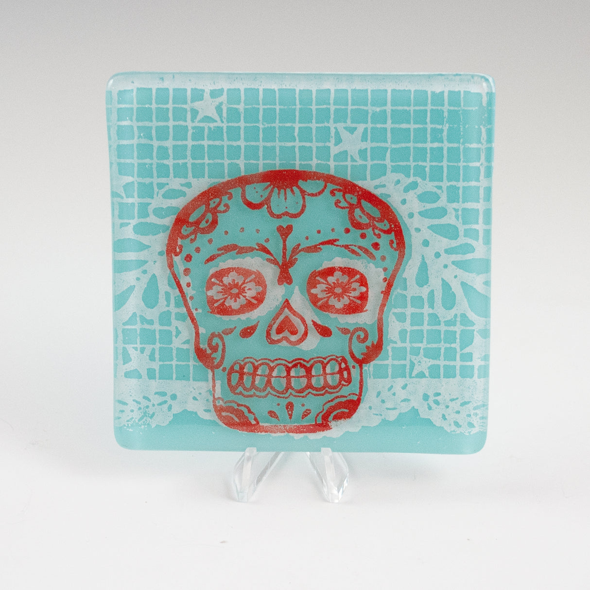 Calavera Sugar Skull Fused Glass 4" Single Coaster