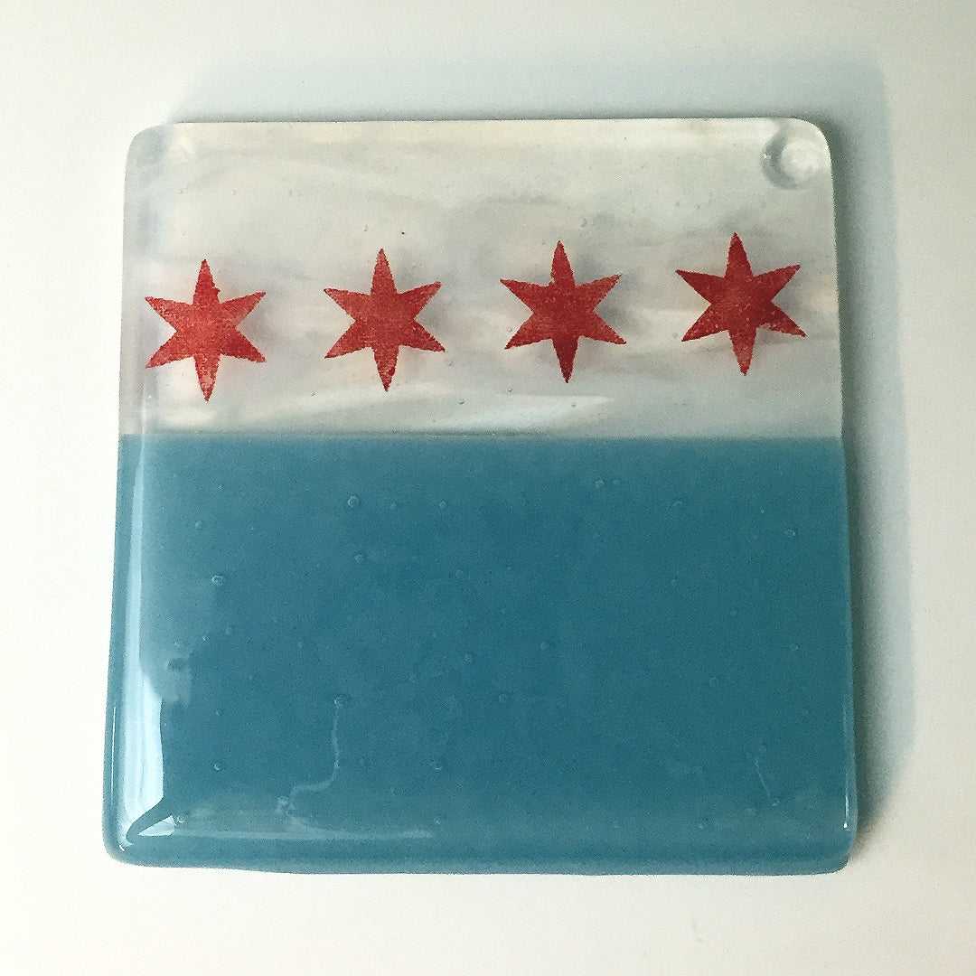 Chicago Flag 4-Star Fused Glass 4" Single Coaster