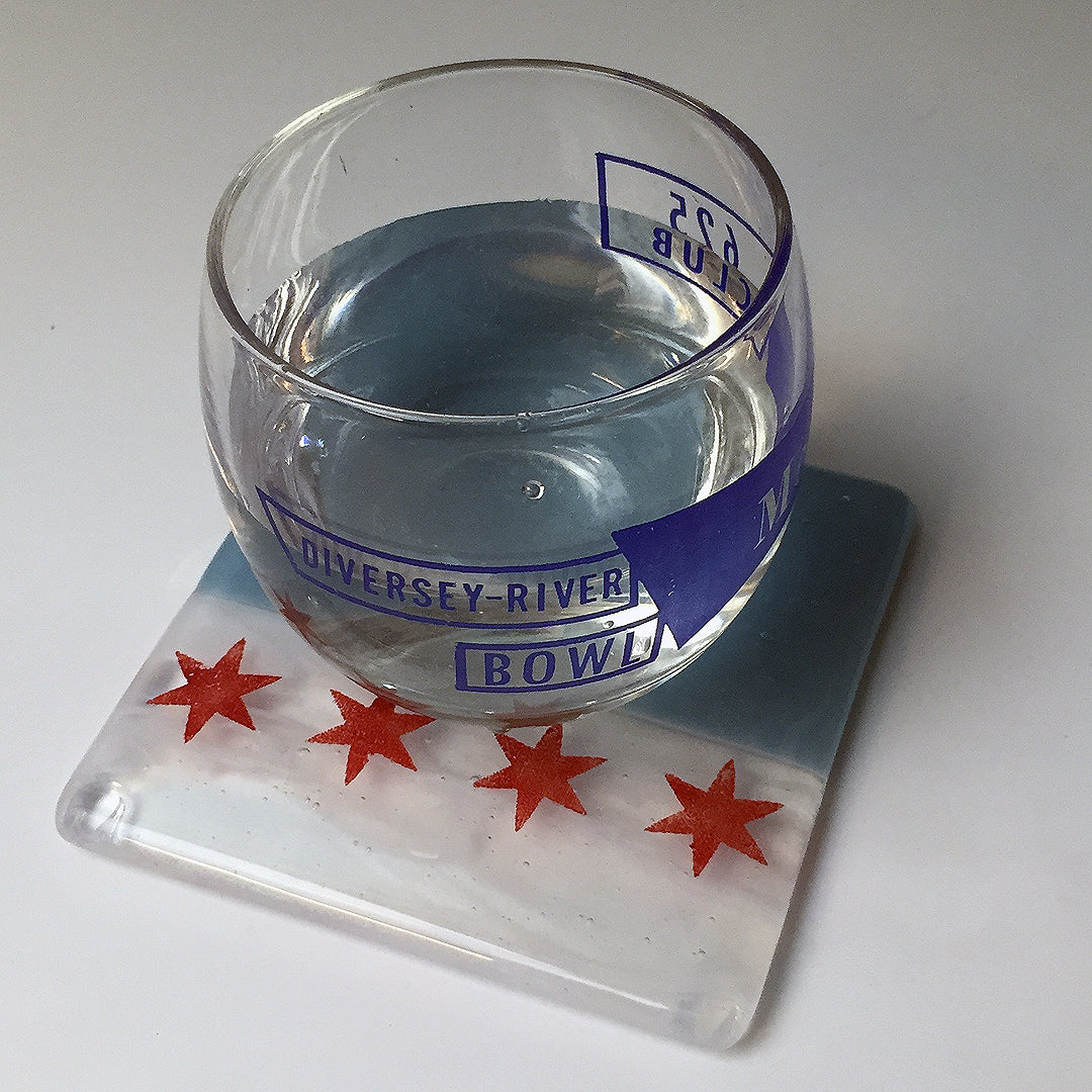 Chicago Flag 4-Star Fused Glass 4" Single Coaster