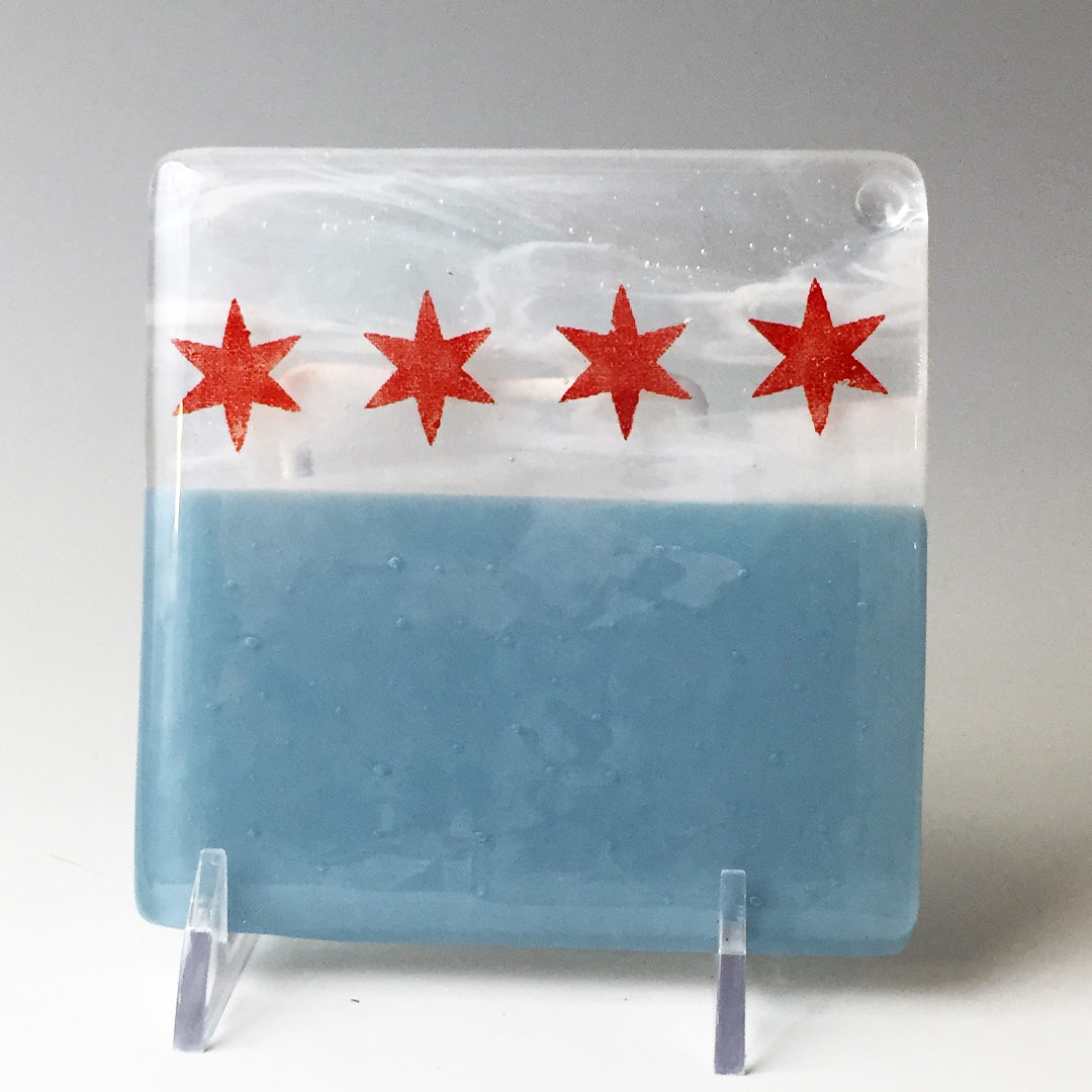 Chicago Flag 4-Star Fused Glass 4" Single Coaster