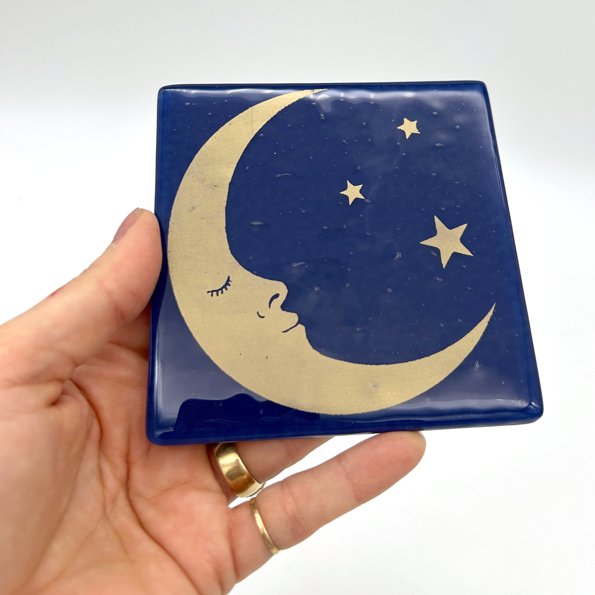 Celestial Sleepy Half Moon Fused Glass 4" Single Coaster