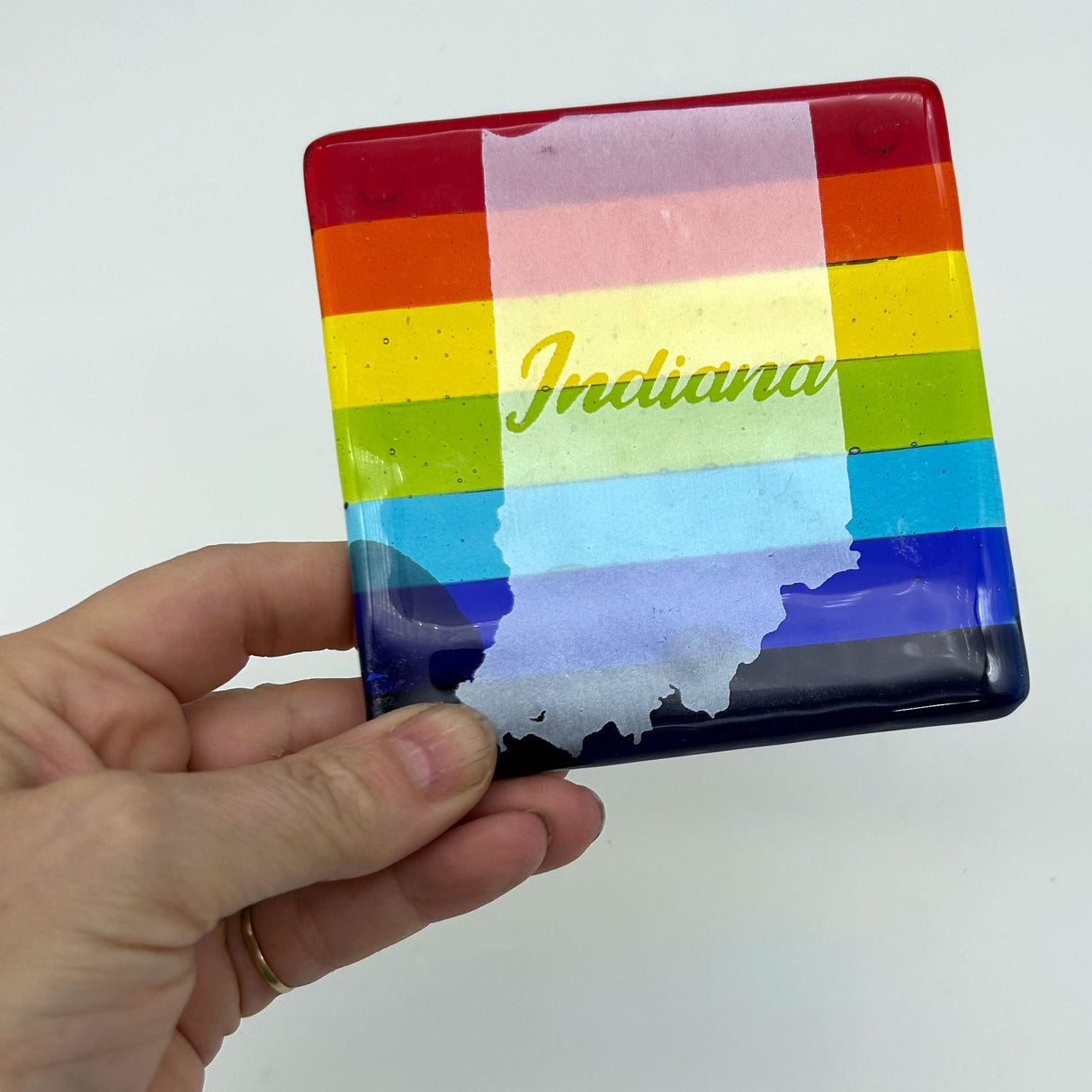US States Fused Glass 4" Single Coaster - Rainbow Pride or Single Color Background - made to order