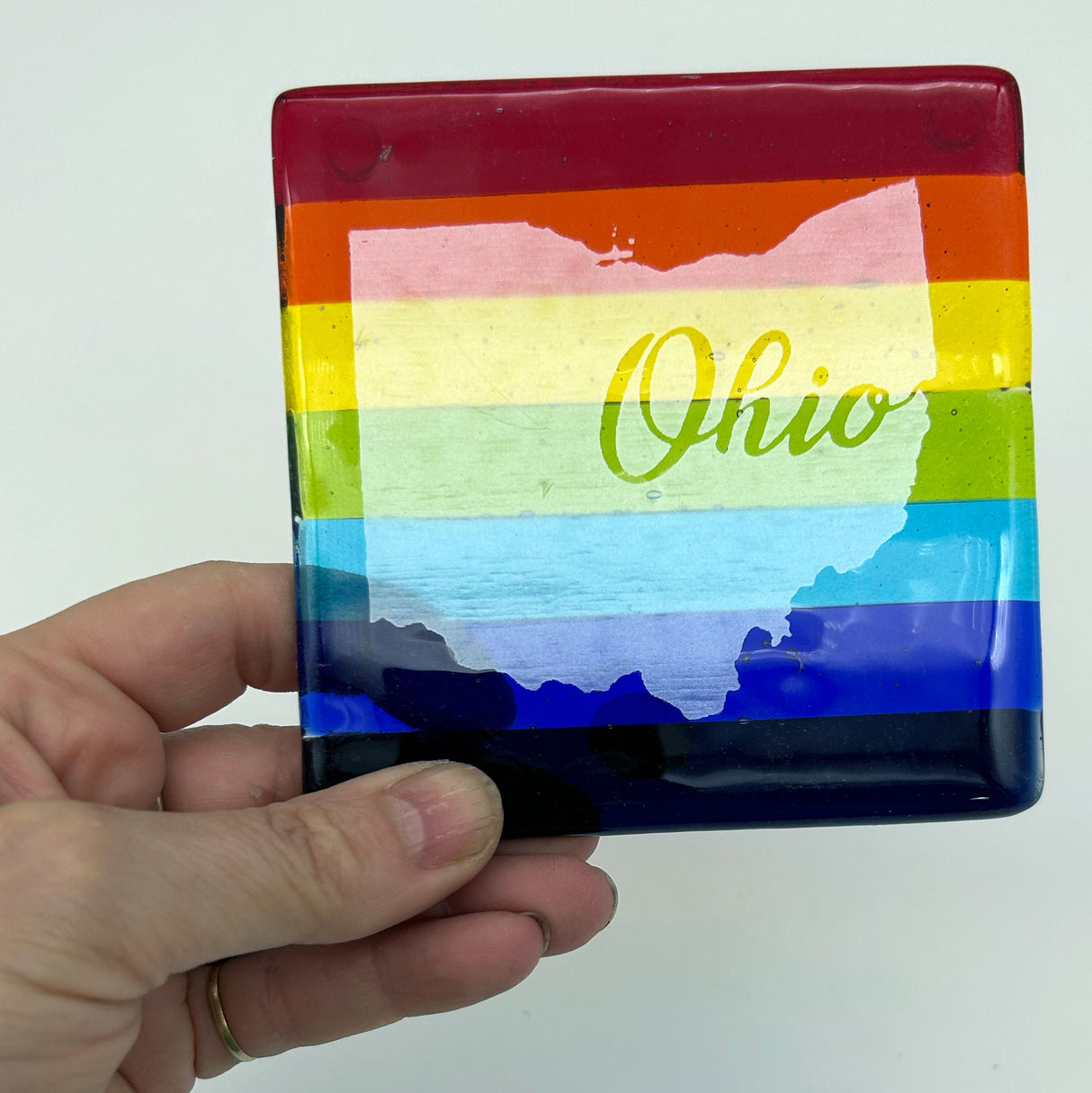 US States Fused Glass 4" Single Coaster - Rainbow Pride or Single Color Background - made to order