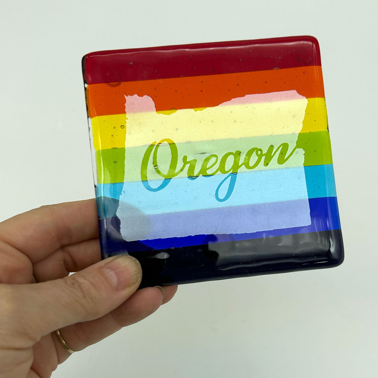 US States Fused Glass 4" Single Coaster - Rainbow Pride or Single Color Background - made to order