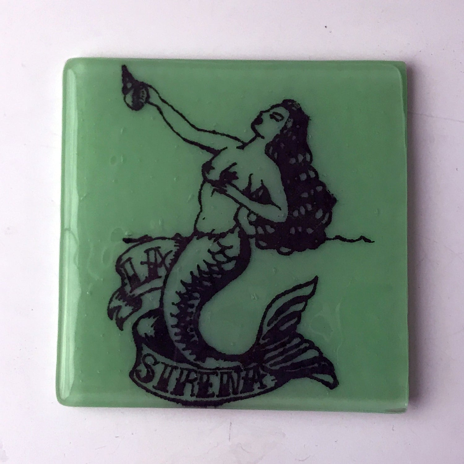 Sirena Loteria Mermaid  Fused Glass 4" Single Coaster