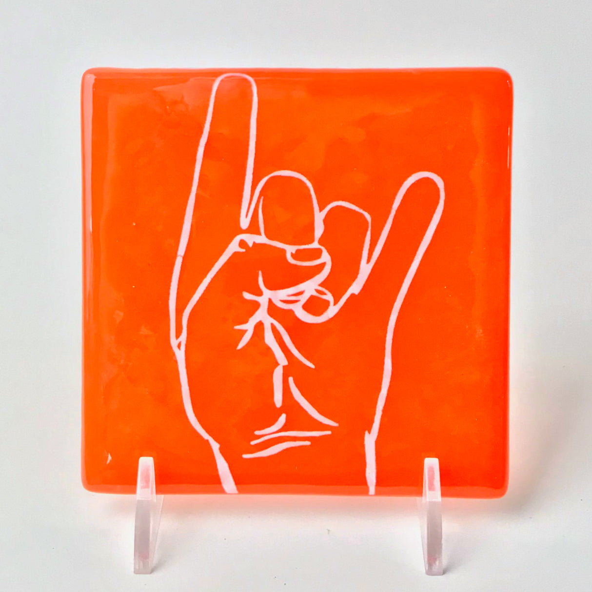Texas Hook 'Em Horns Fused Glass 4" Single Coaster - made to order