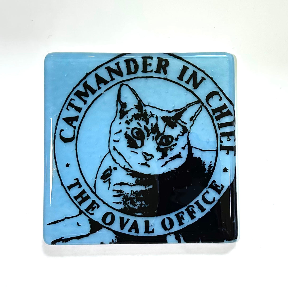 Catmander in Chief 4" Handmade Fused Glass Bar Coaster