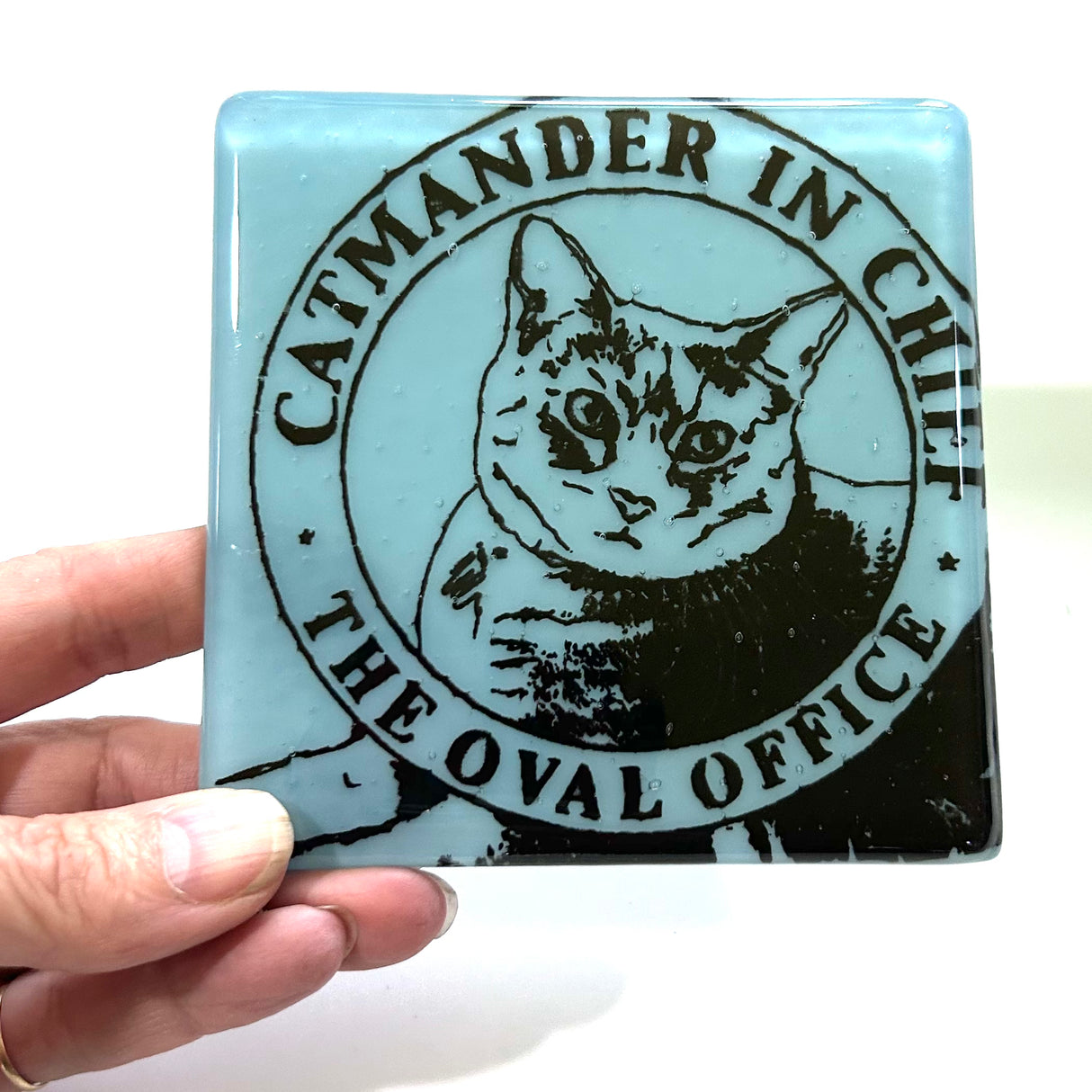 Catmander in Chief 4" Handmade Fused Glass Bar Coaster