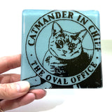 Catmander in Chief 4" Handmade Fused Glass Bar Coaster