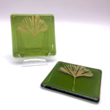 Gingko Leaves Fused Glass 4" Coaster 2-pack