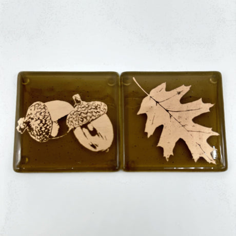 Oak Leaves Fused Glass 4" Coaster 2-pack