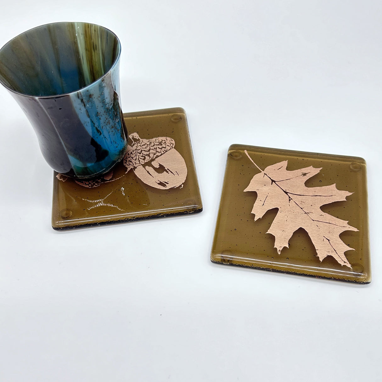 Oak Leaves Fused Glass 4" Coaster 2-pack