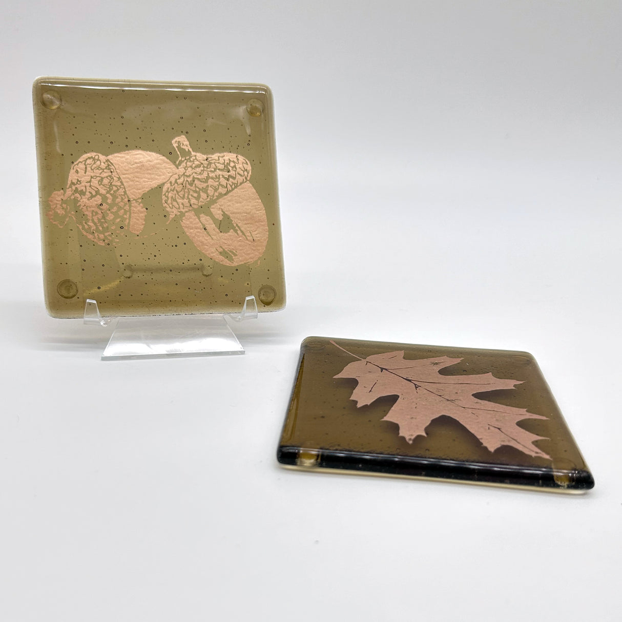 Oak Leaves Fused Glass 4" Coaster 2-pack