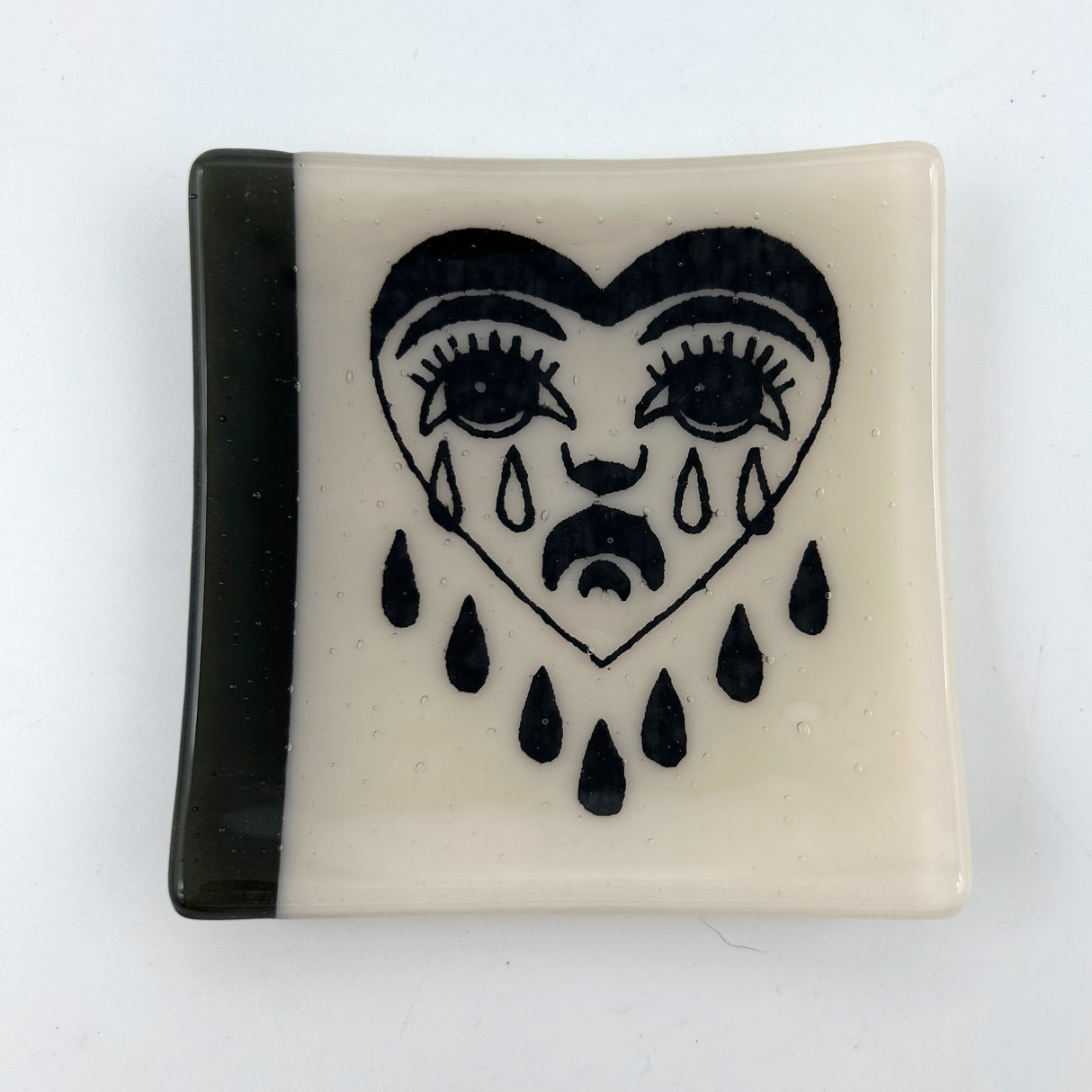 Crying Heart Tattoo 4.5" Handmade Fused Glass Catch-all Dish