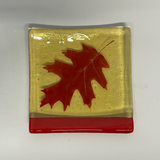 Oak Leaves 4.5" Handmade Fused Glass Catch-all Dish Discontinued RED