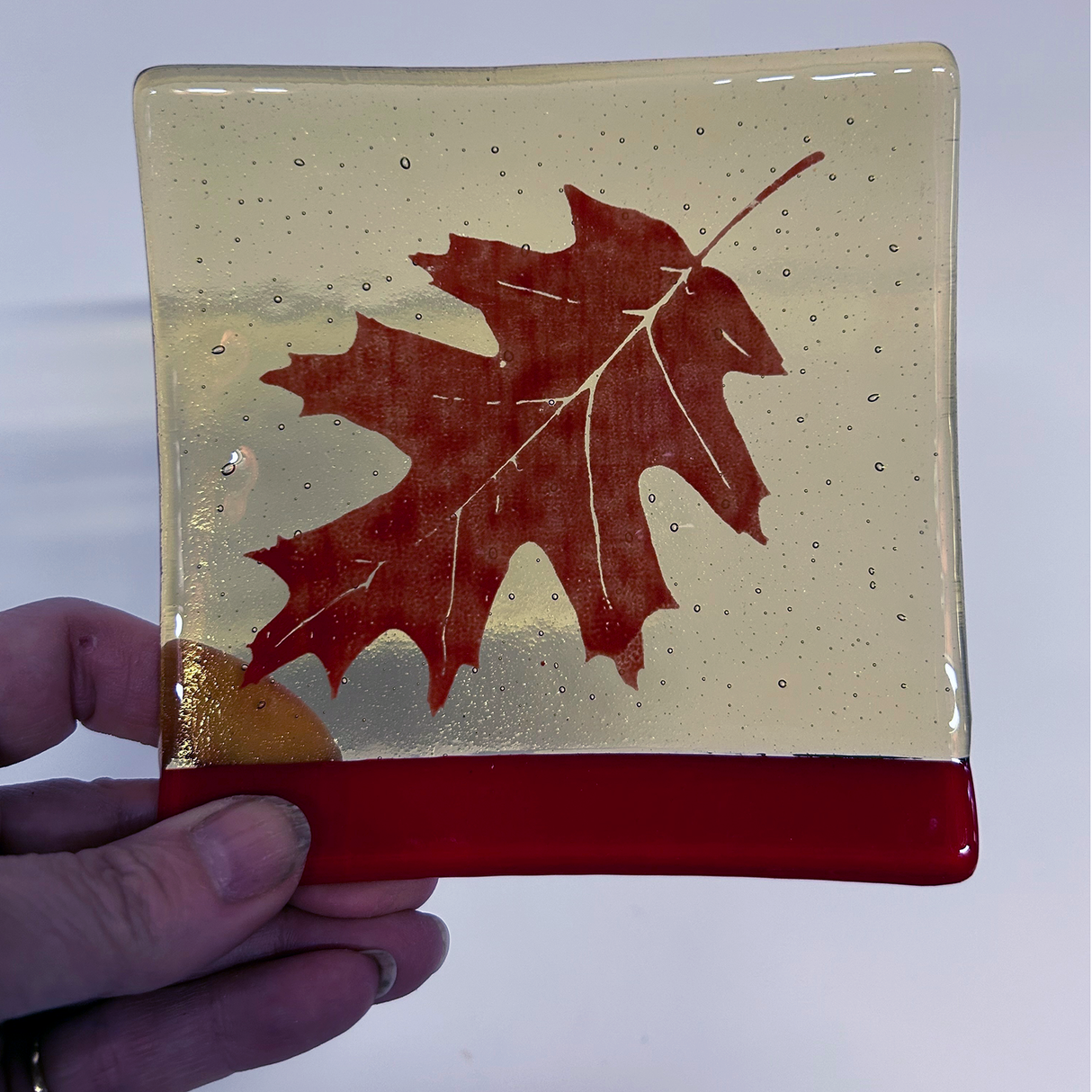 Oak Leaves 4.5" Handmade Fused Glass Catch-all Dish Discontinued RED
