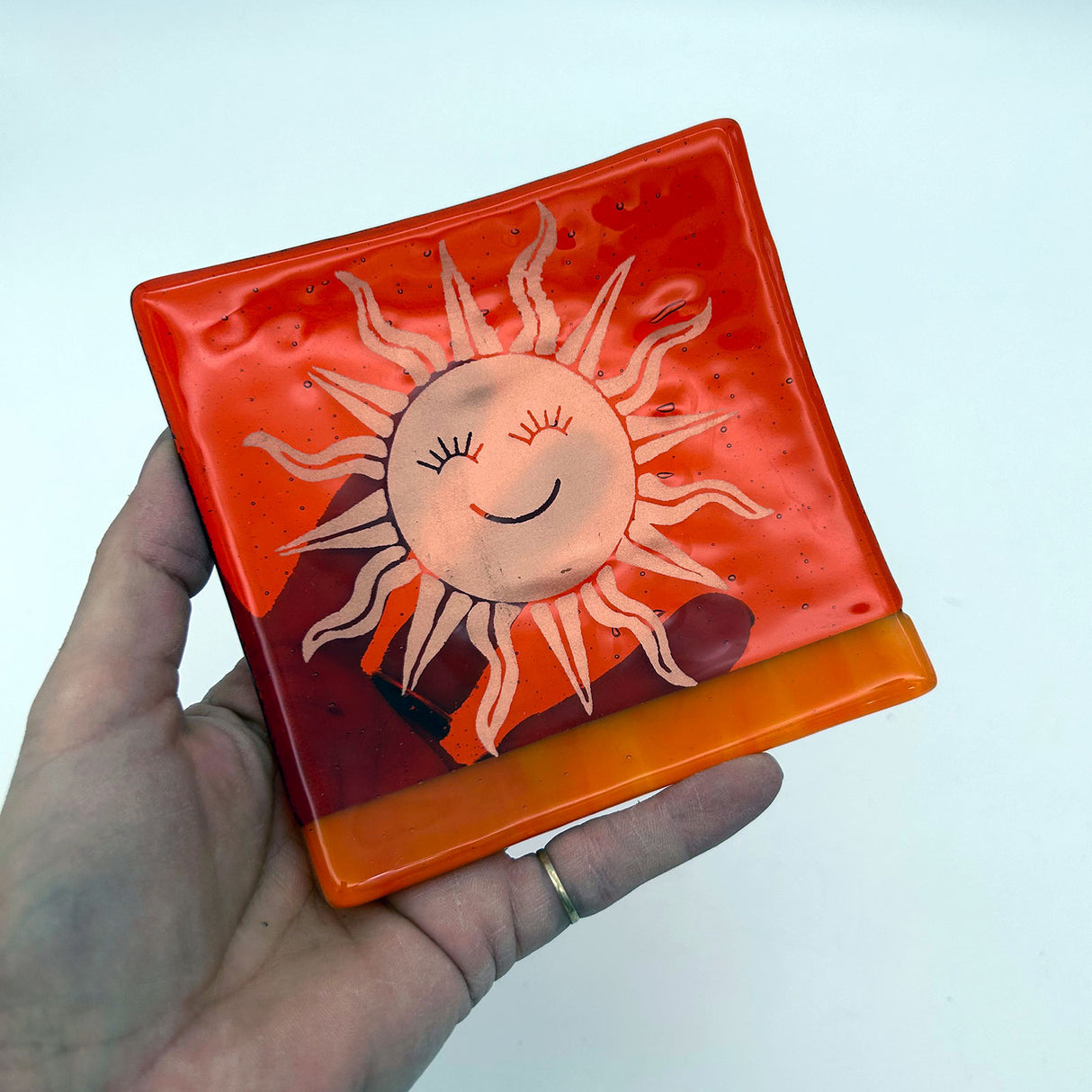 Celestial Happy Sun 4.5" Handmade Fused Glass Catch-all Dish