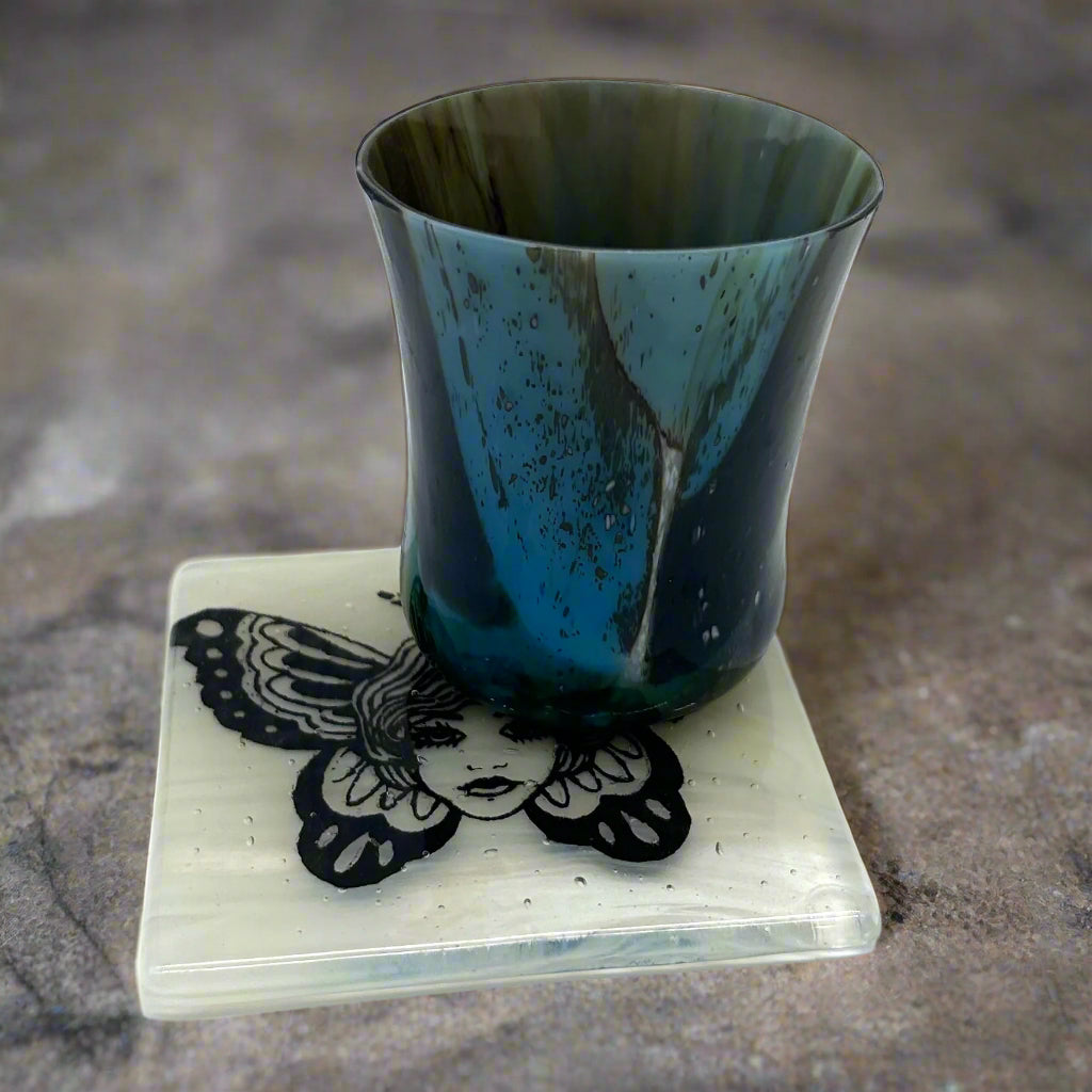 Butterfly Tattoo 4" Handmade Fused Glass Bar Coaster
