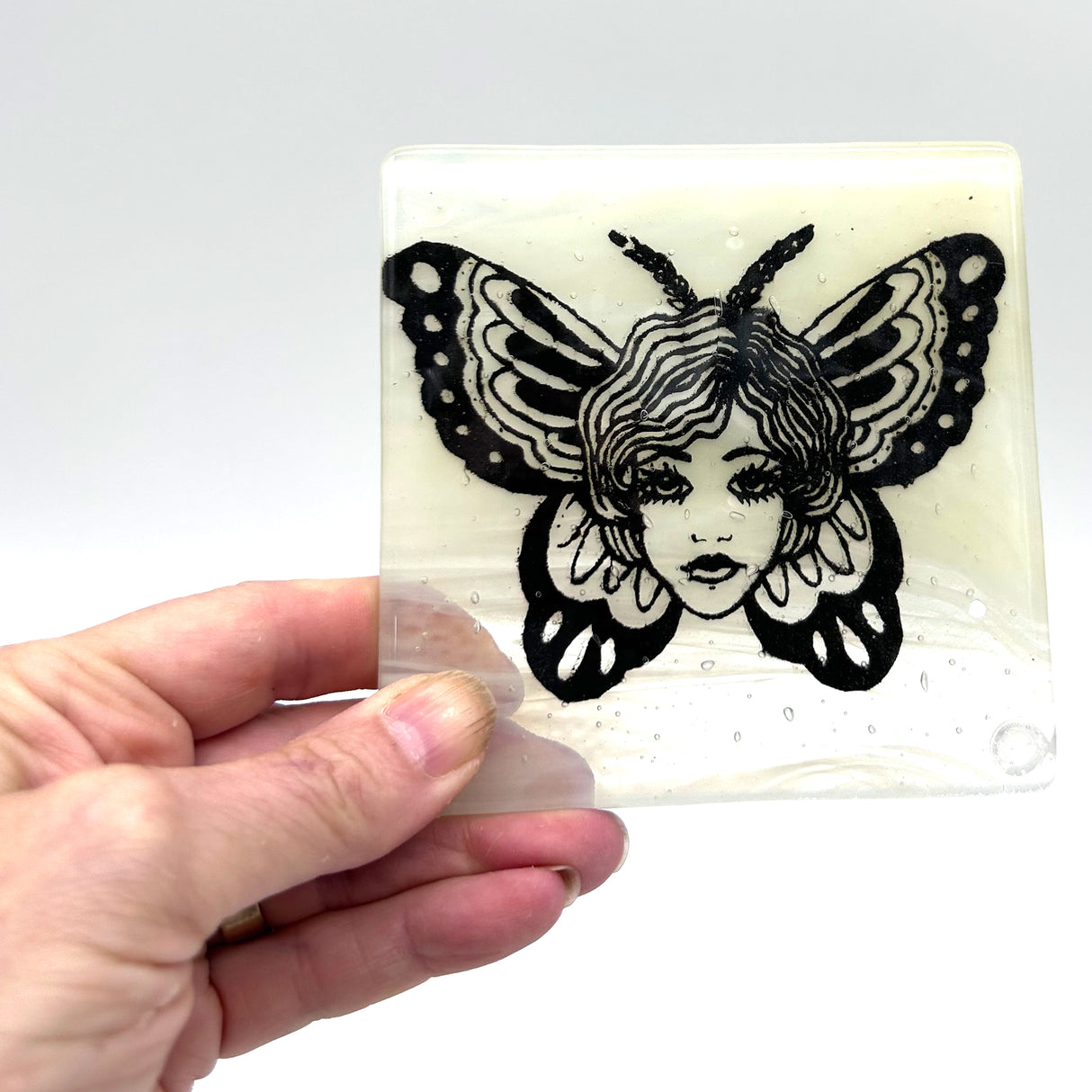Butterfly Tattoo 4" Handmade Fused Glass Bar Coaster