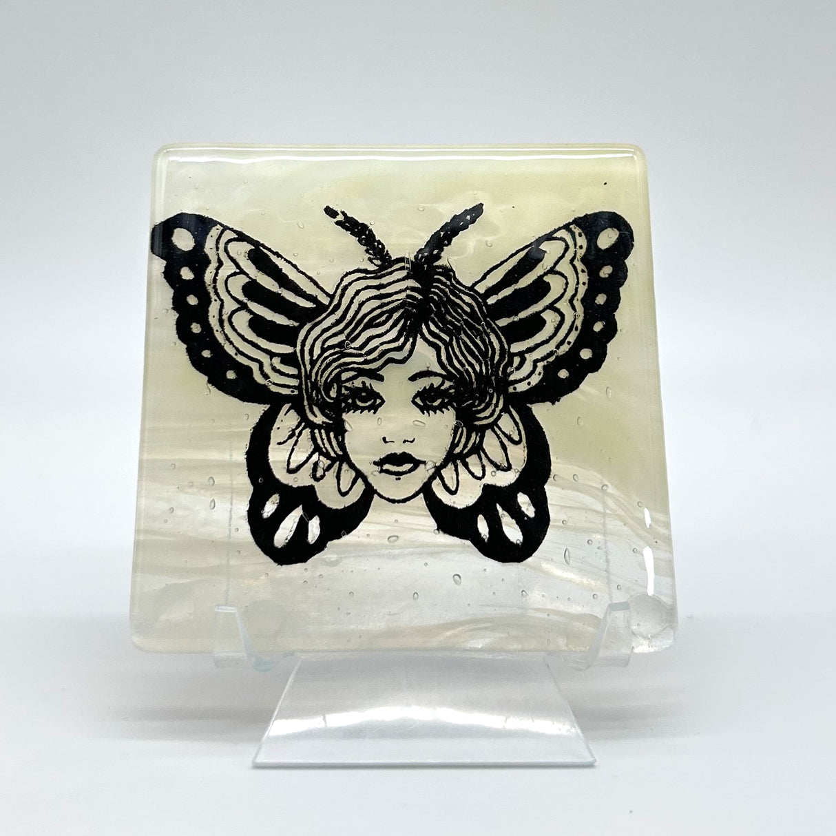 Butterfly Tattoo 4" Handmade Fused Glass Bar Coaster