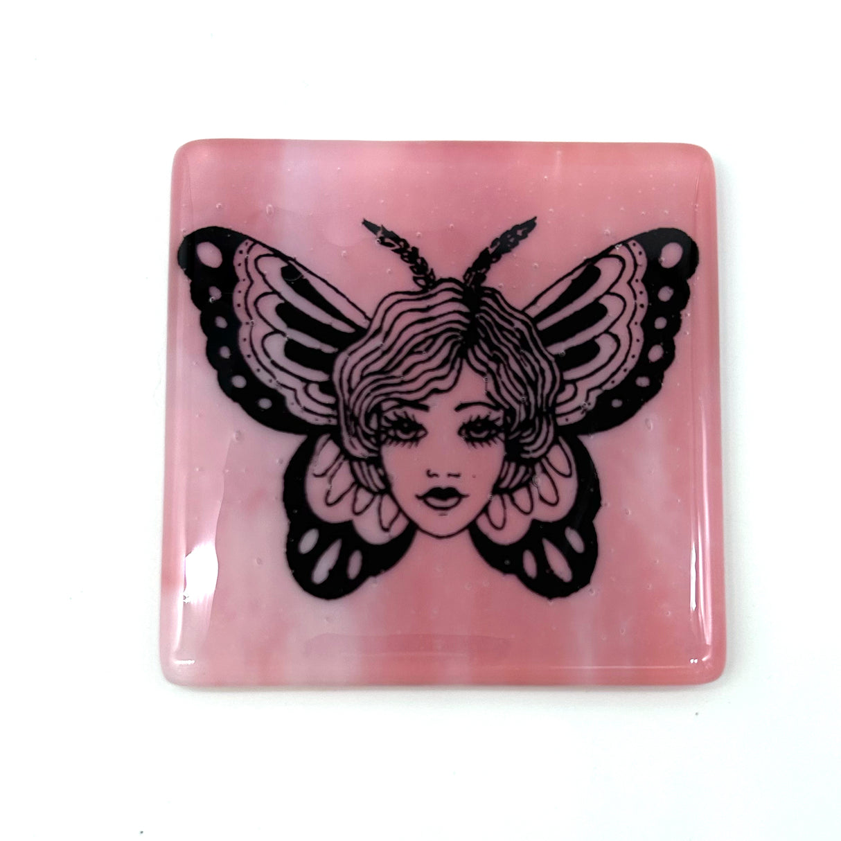Butterfly Tattoo 4" Handmade Fused Glass Bar Coaster (discontinued color)