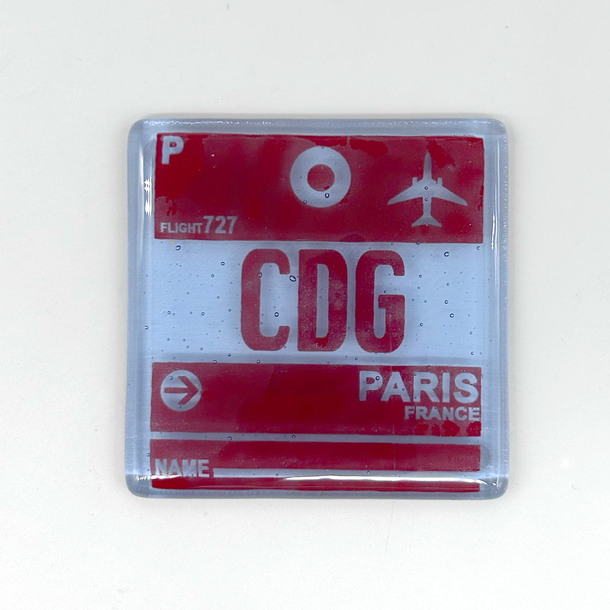 Paris CDG Vintage Luggage Tag 4" Fused Glass Coaster