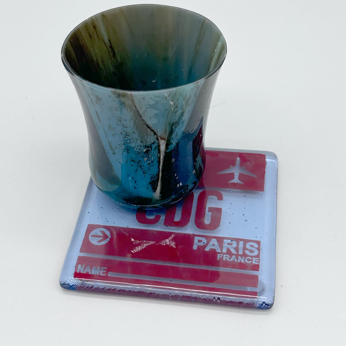 Paris CDG Vintage Luggage Tag 4" Fused Glass Coaster
