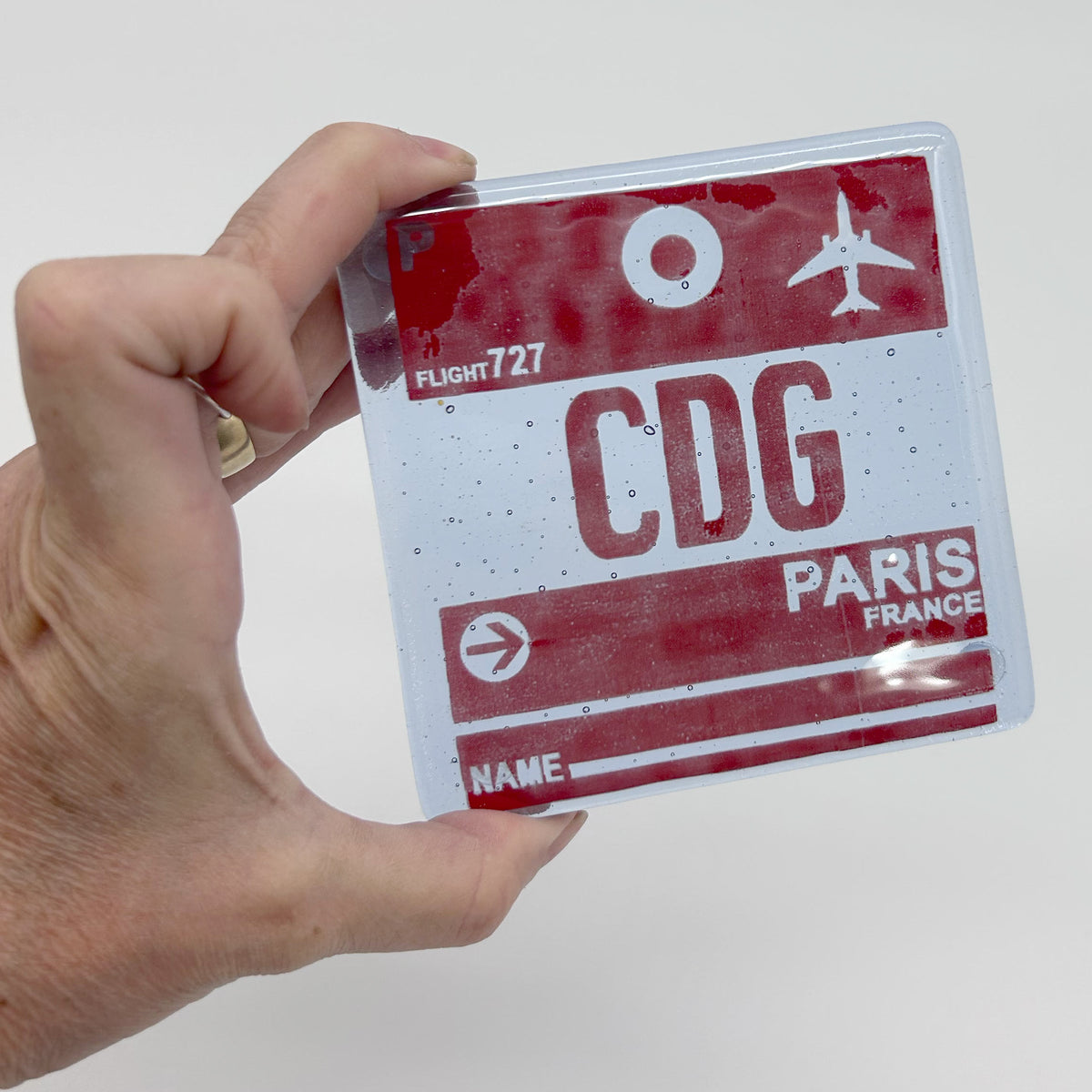 Paris CDG Vintage Luggage Tag 4" Fused Glass Coaster