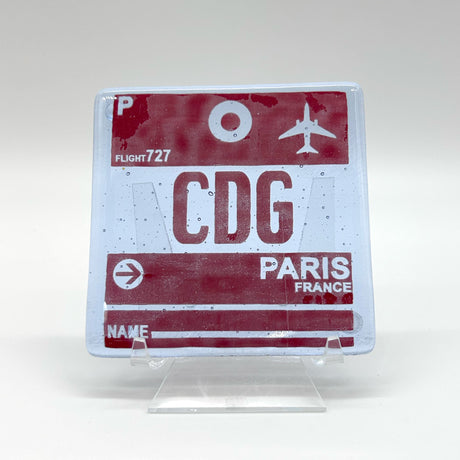 Paris CDG Vintage Luggage Tag 4" Fused Glass Coaster