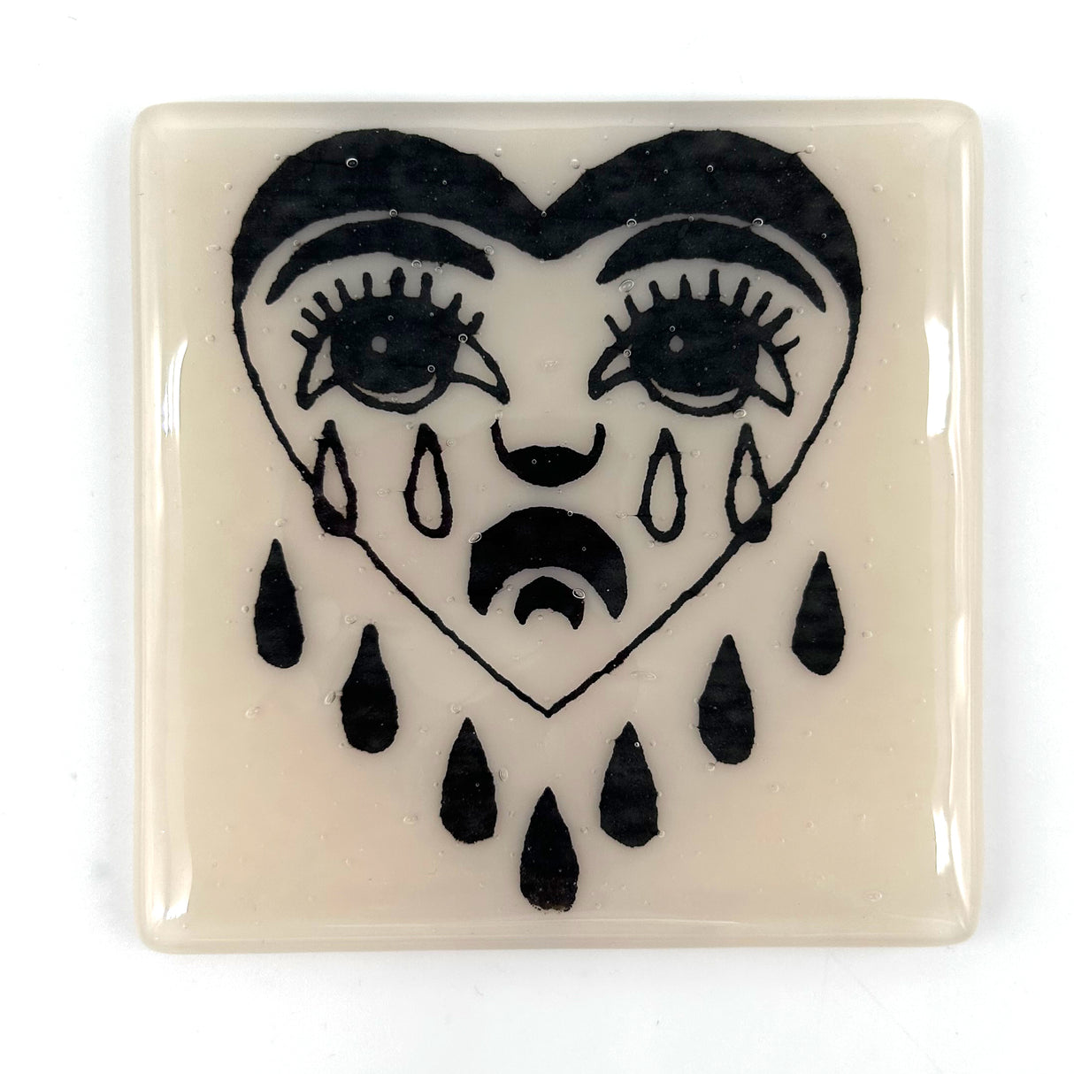 Crying Heart Tattoo 4" Handmade Fused Glass Bar Coaster