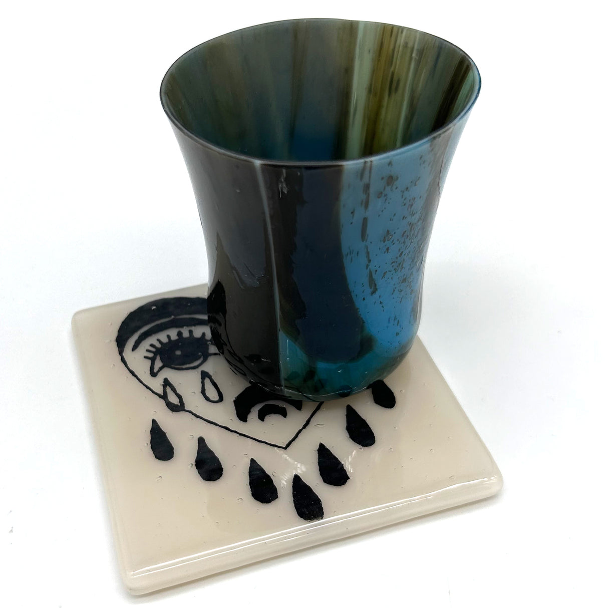 Crying Heart Tattoo 4" Handmade Fused Glass Bar Coaster