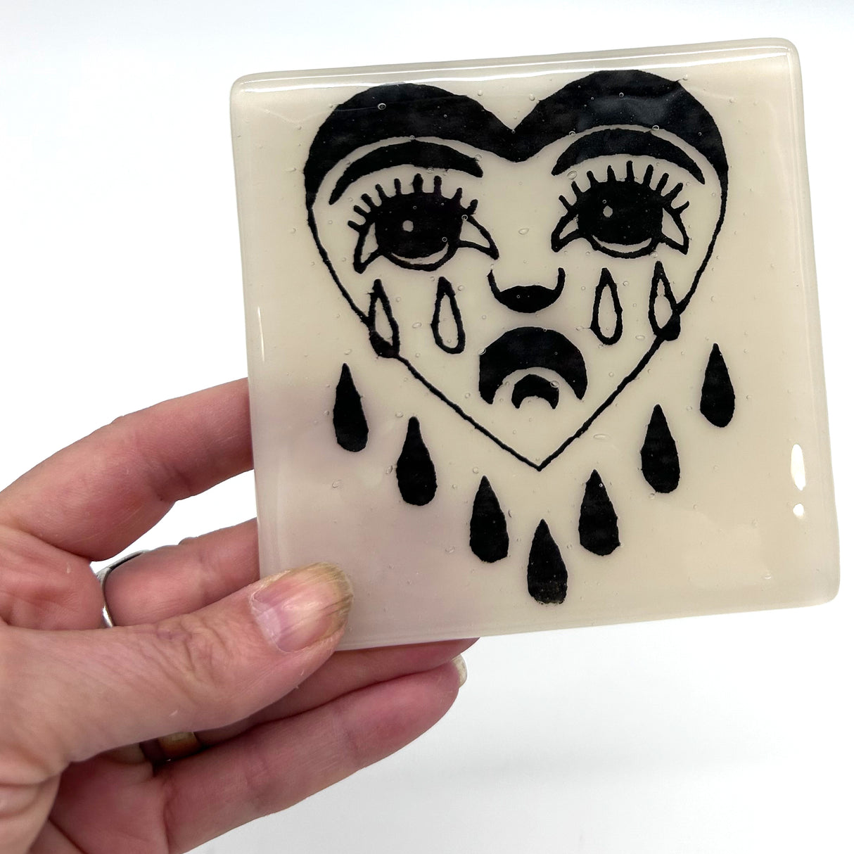 Crying Heart Tattoo 4" Handmade Fused Glass Bar Coaster