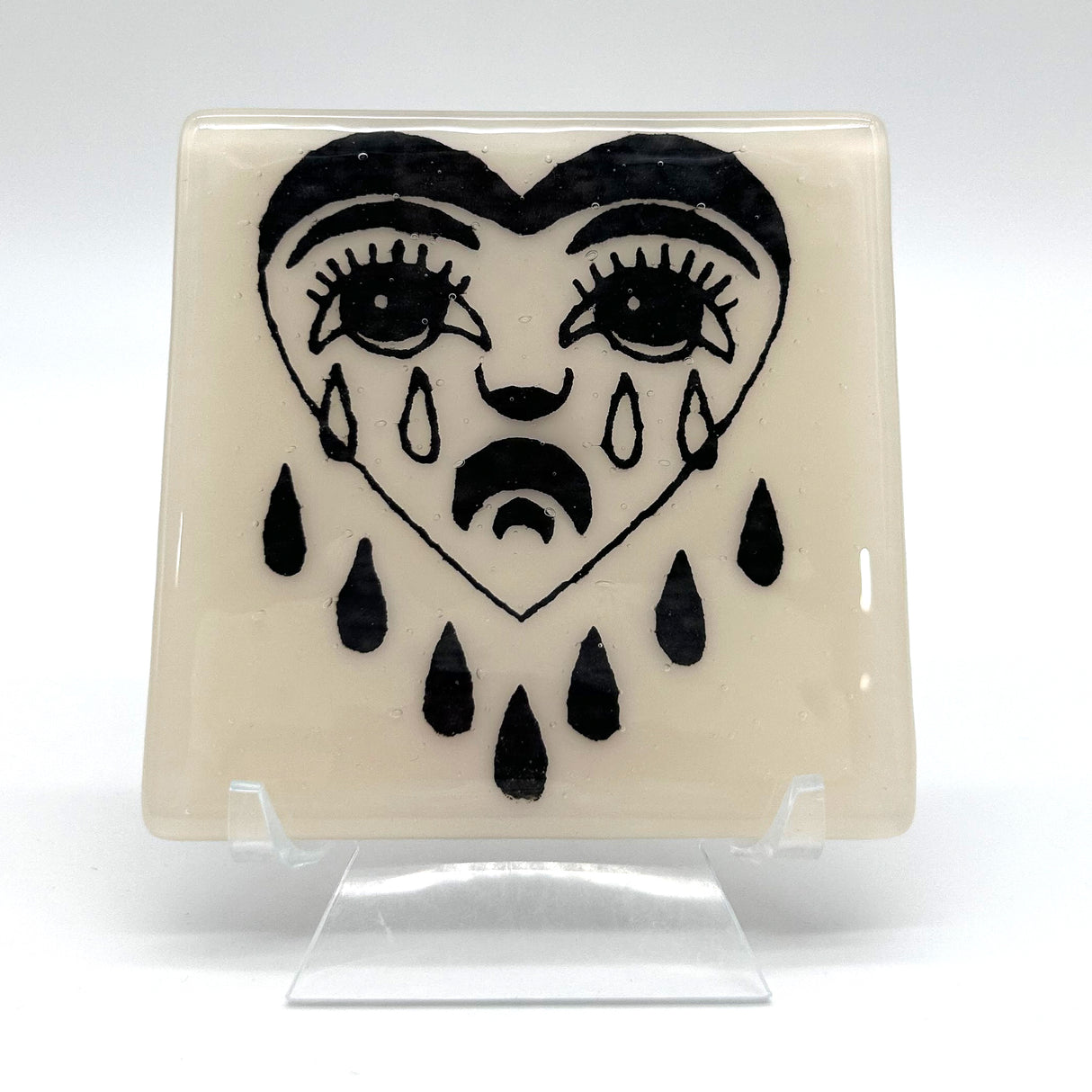 Crying Heart Tattoo 4" Handmade Fused Glass Bar Coaster