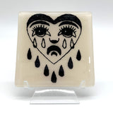 Crying Heart Tattoo 4" Handmade Fused Glass Bar Coaster