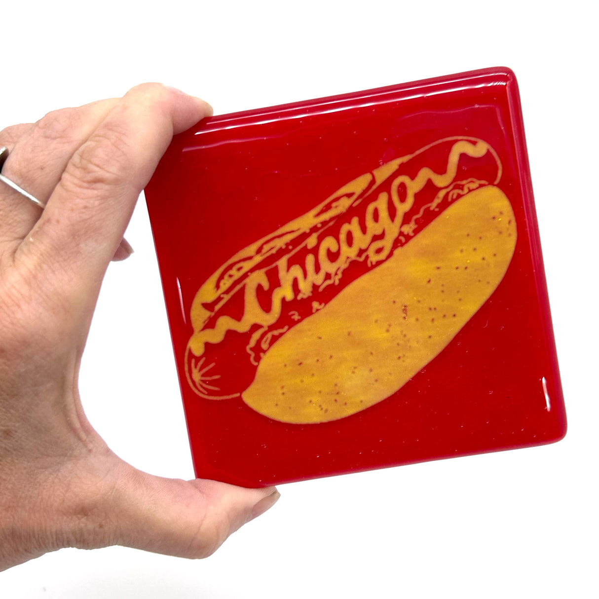 Chicago Hot Dog 4" Fused Glass Coaster for Foodies & Travel Buffs
