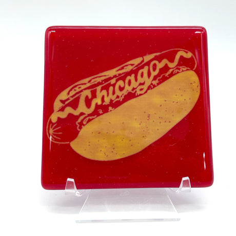 Chicago Hot Dog 4" Fused Glass Coaster for Foodies & Travel Buffs