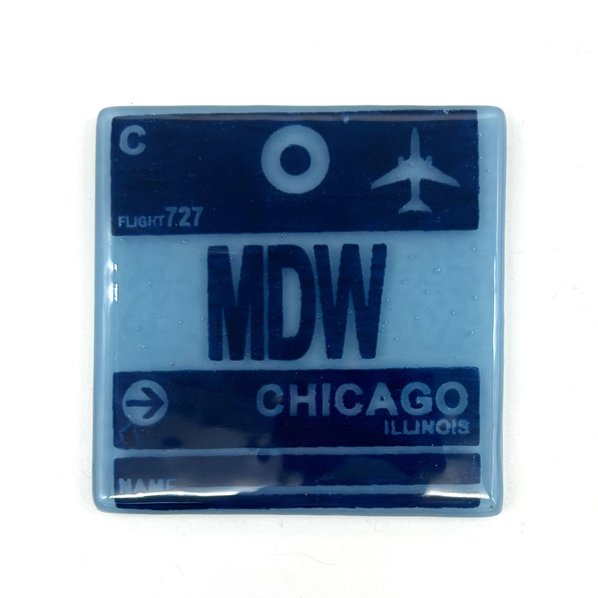 Chicago MDW Airport Vintage Luggage Tag 4" Handmade Fused Glass Bar Coaster