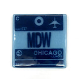 Chicago MDW Airport Vintage Luggage Tag 4" Handmade Fused Glass Bar Coaster
