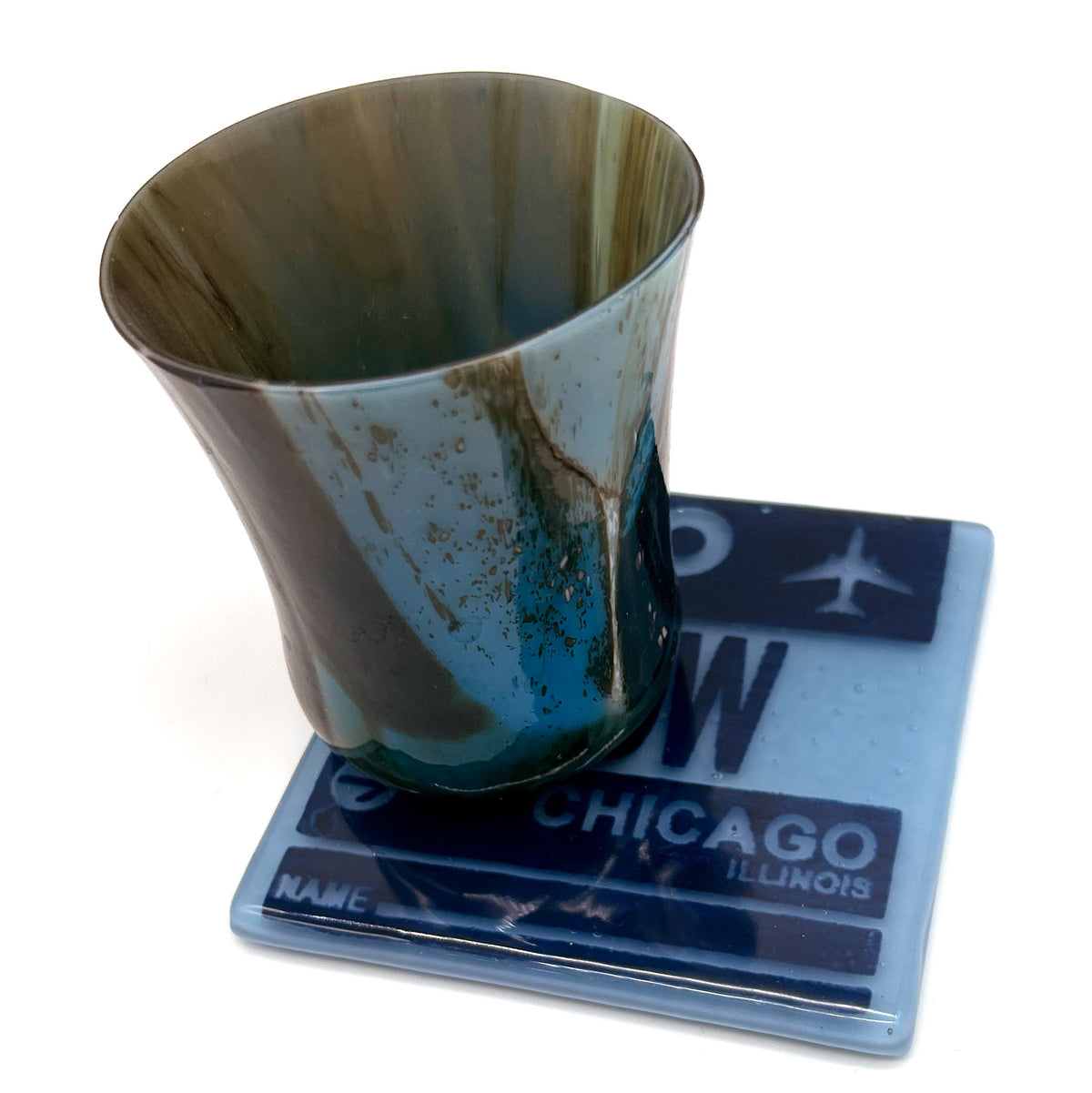 Chicago MDW Airport Vintage Luggage Tag 4" Handmade Fused Glass Bar Coaster