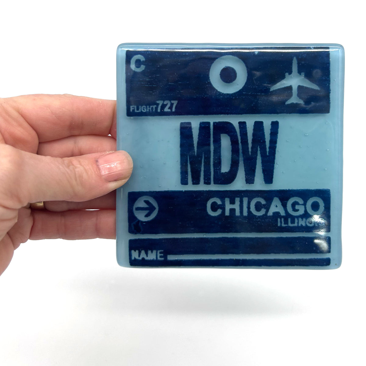 Chicago MDW Airport Vintage Luggage Tag 4" Handmade Fused Glass Bar Coaster