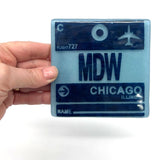 Chicago MDW Airport Vintage Luggage Tag 4" Handmade Fused Glass Bar Coaster