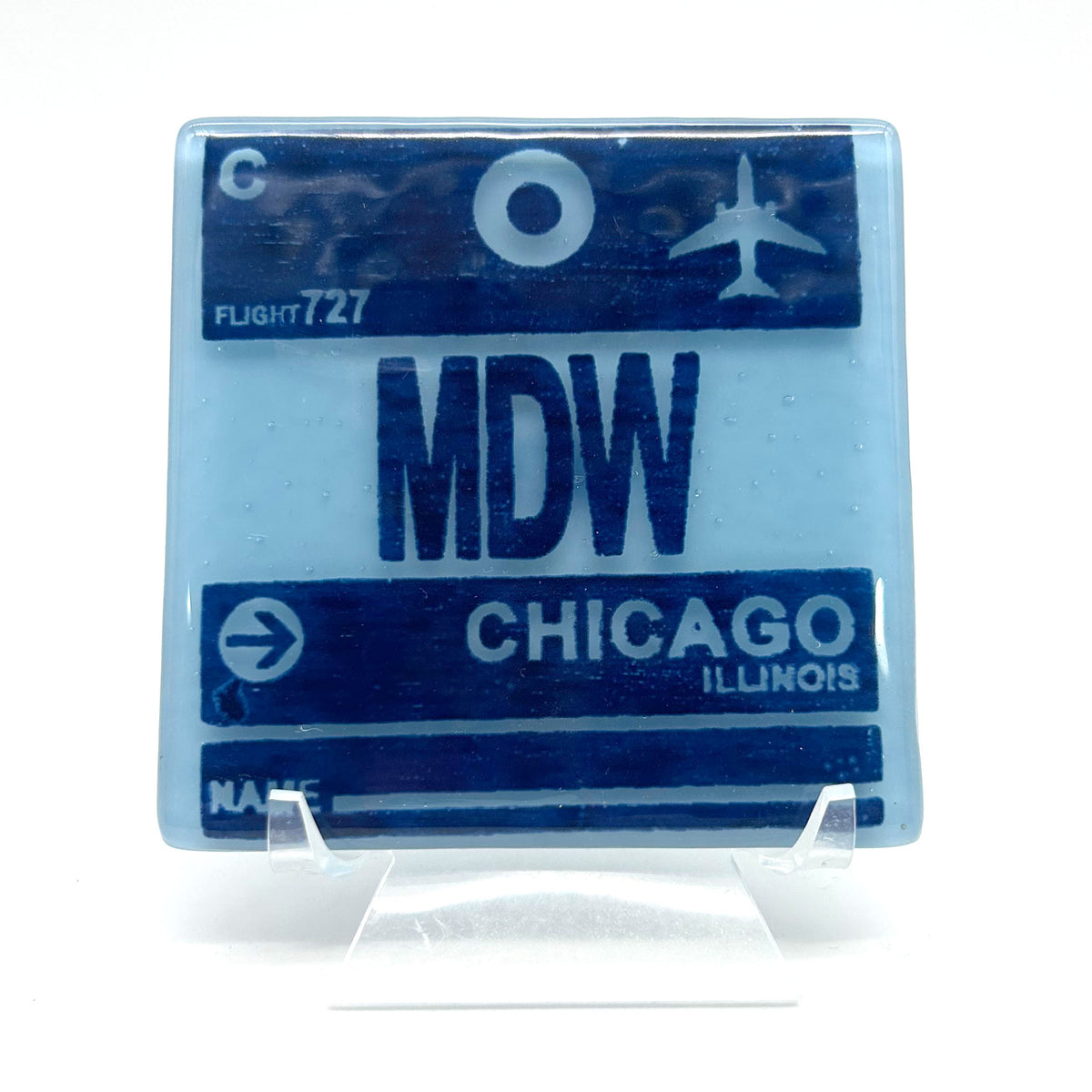 Chicago MDW Airport Vintage Luggage Tag 4" Handmade Fused Glass Bar Coaster