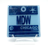 Chicago MDW Airport Vintage Luggage Tag 4" Handmade Fused Glass Bar Coaster