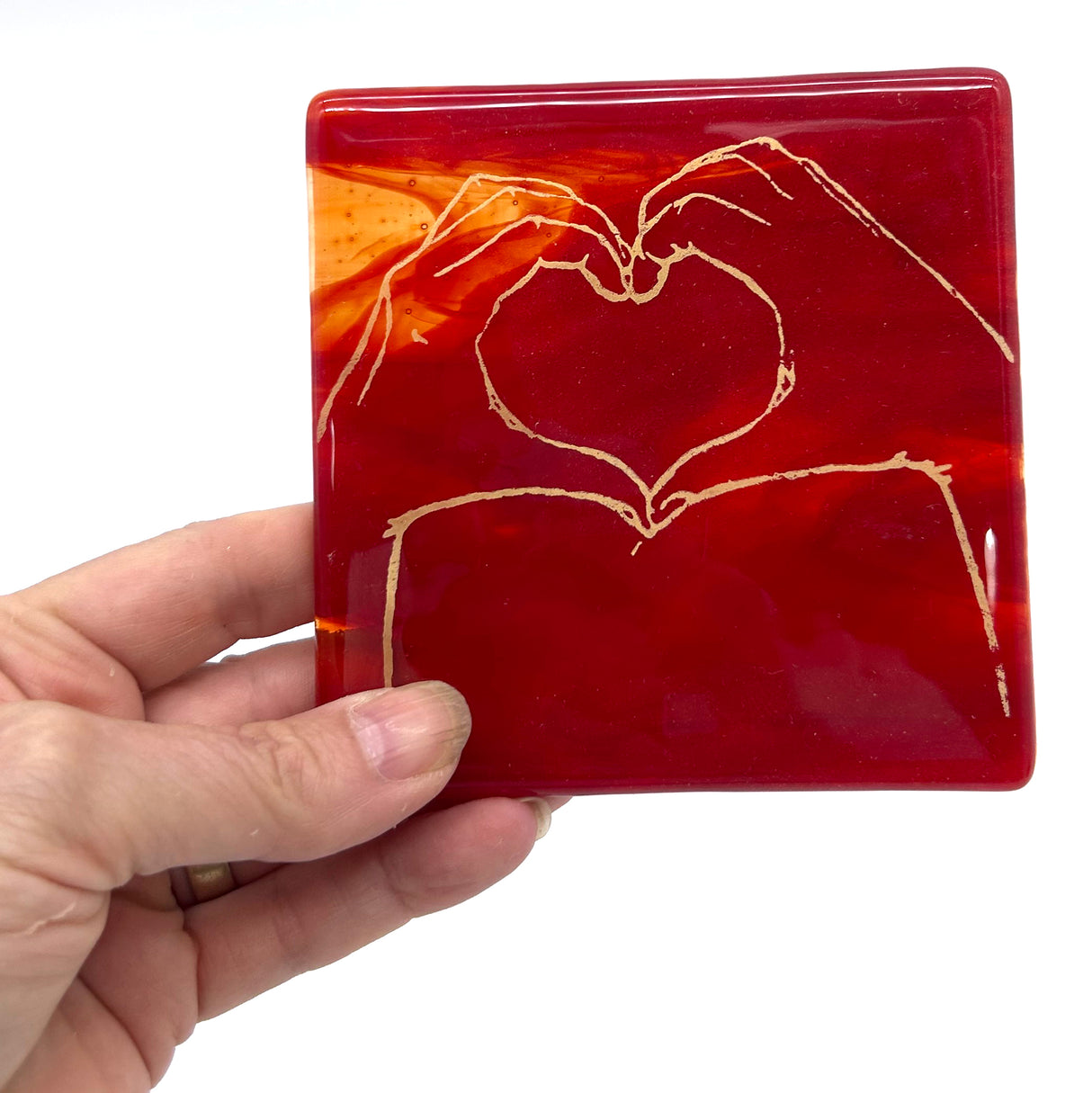Heart Hands Fused Glass 4" Single Coaster