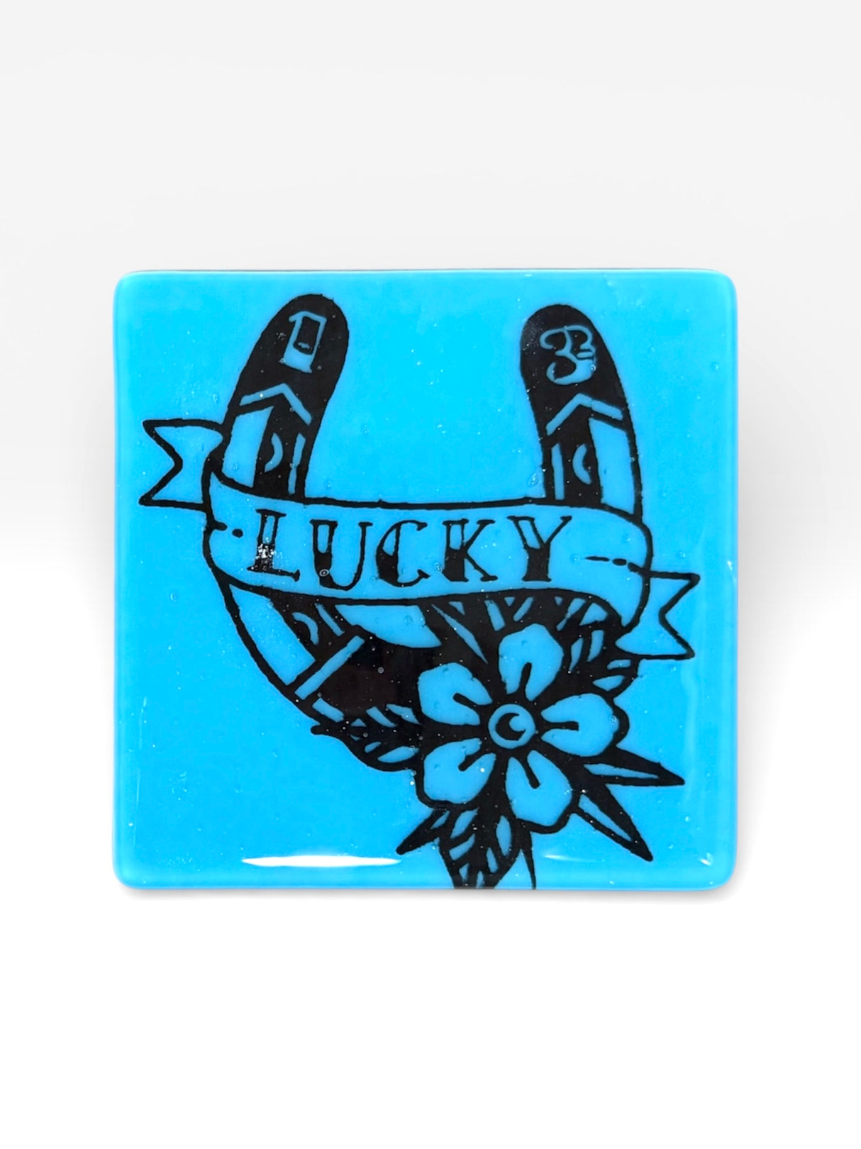 Lucky 13 Horseshoe Tattoo Fused Glass 4" Single Coaster