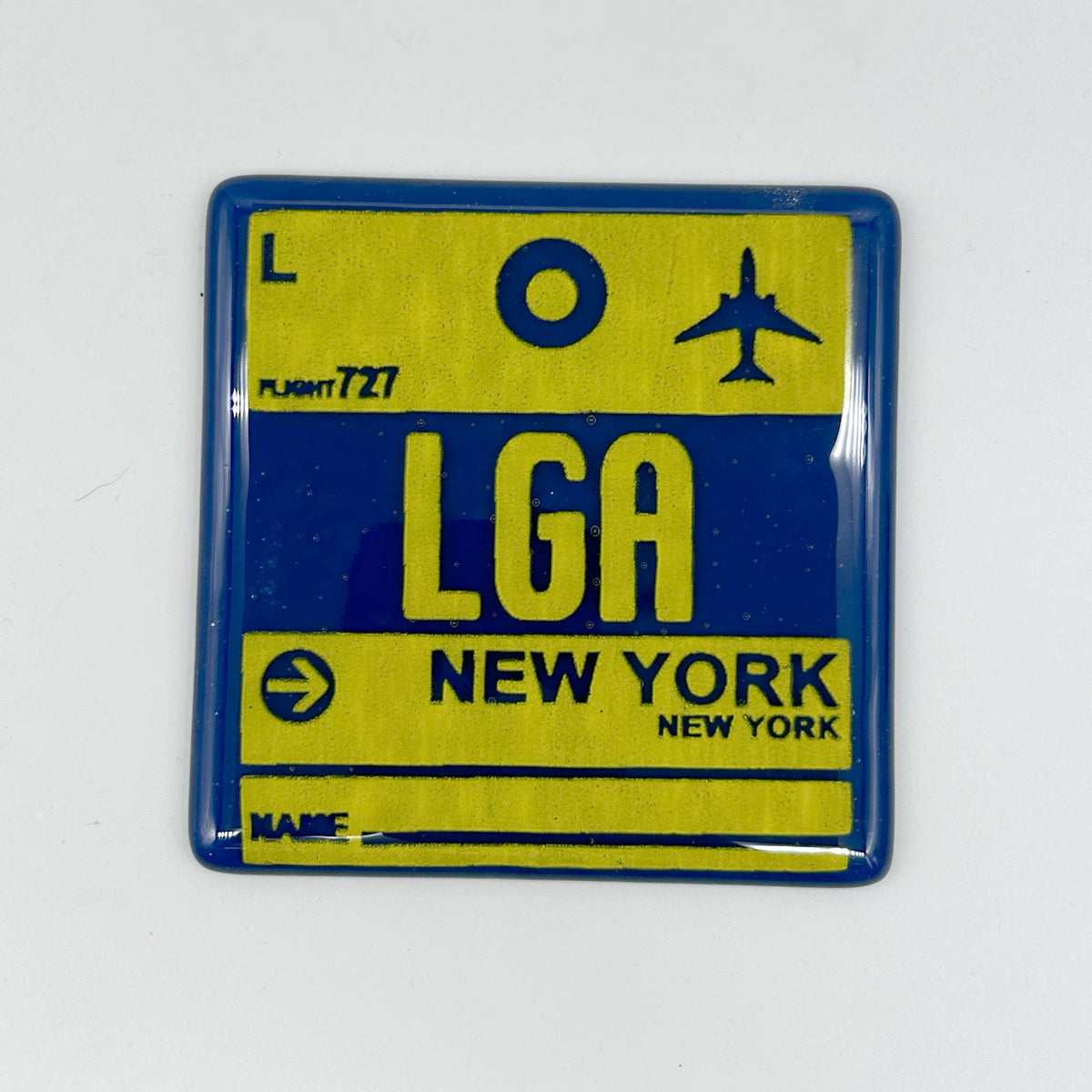 New York City LGA Vintage Luggage Tag 4" Handmade Fused Glass Bar Coaster