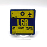 New York City LGA Vintage Luggage Tag 4" Handmade Fused Glass Bar Coaster
