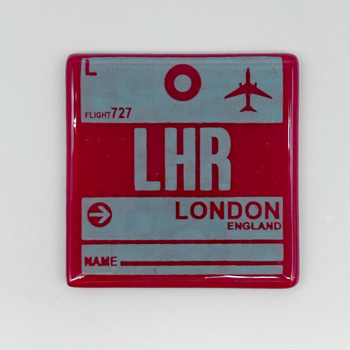 London LHR Vintage Luggage Tag 4" Fused Glass Coaster